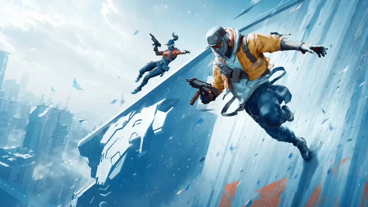 Empulse key art: two operatives wall-running through a stylised urban canyon