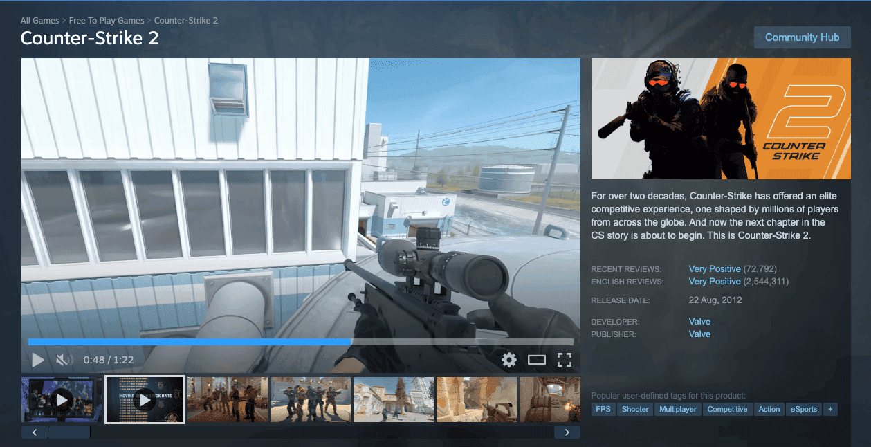 A Steam store page above the fold (Counter-Strike 2): trailer, carousel screenshots, short description, and tags