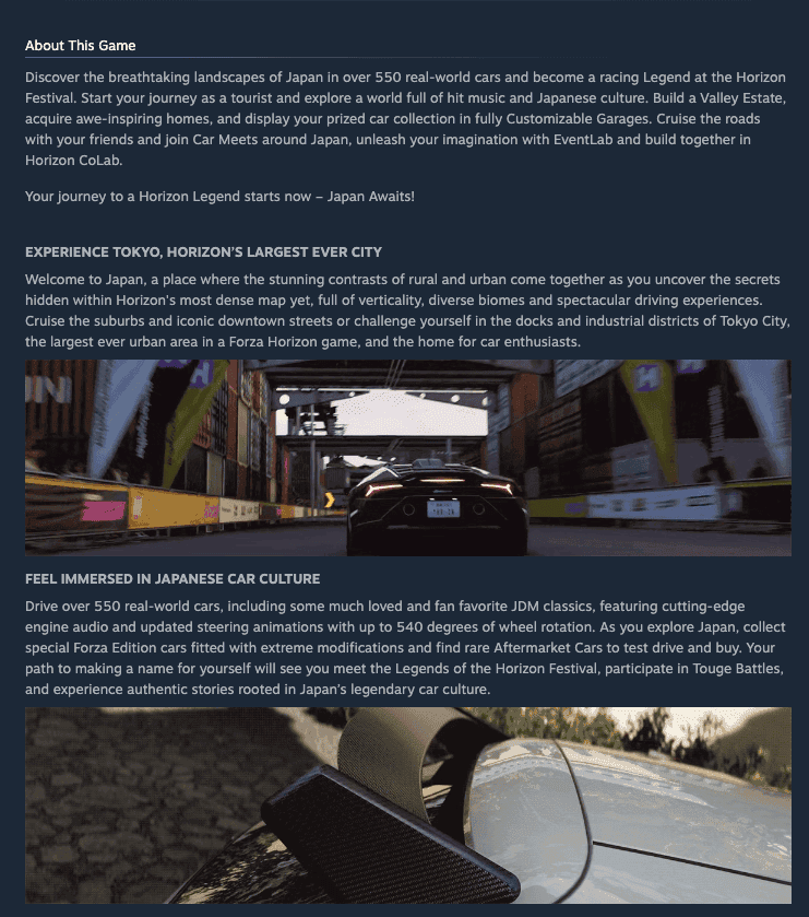 A Steam 'About This Game' below-the-fold section with headers, in-text screenshots, and feature descriptions