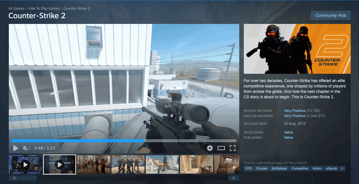 Steam store page above the fold — trailer, capsule art, tags, and short description visible without scrolling