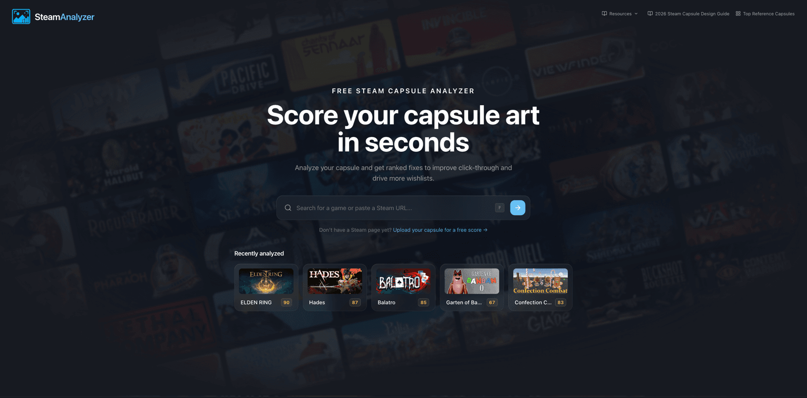 SteamAnalyser scores your Steam capsule art and gives ranked fixes to drive more wishlists